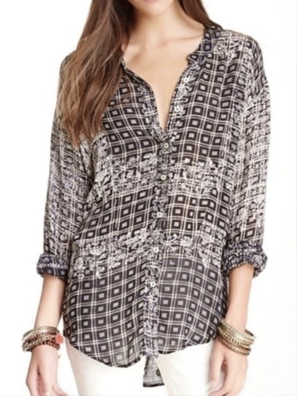 Free People Boho Patterned Button-Front Blouse Tassel Top Size Large L
